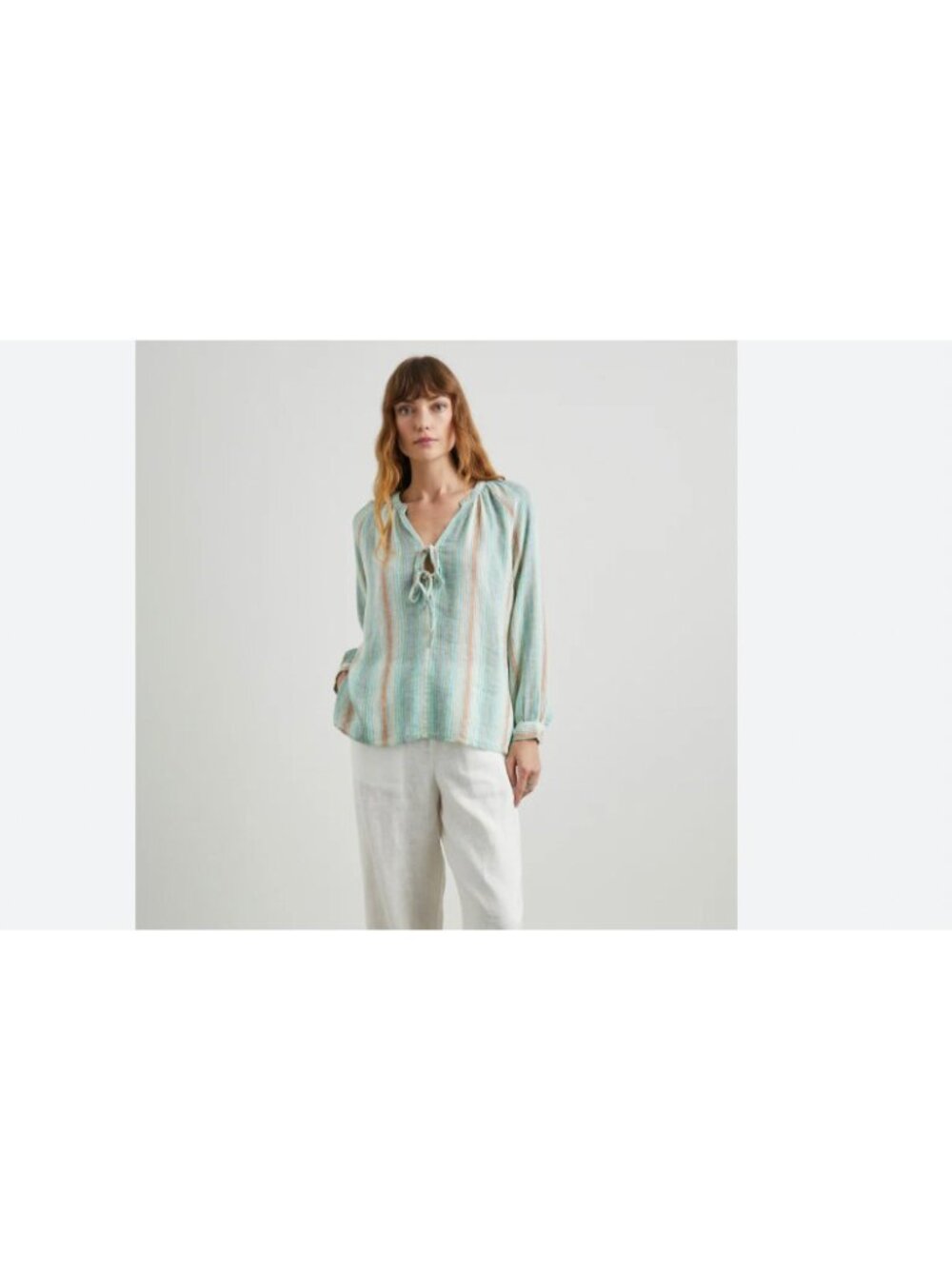 Rails Brielle Linen Blouse Womens XS Aqua Multi Tie Neck Long Sleeve
